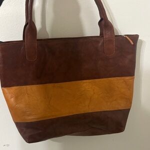 Brown and Tan Leather Tote Bag